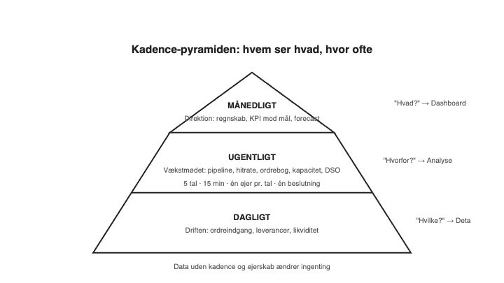 BI ledelsesrapportering kadence-pyramide: hvem ser hvad og hvor ofte i daglig, ugentlig og månedlig styring