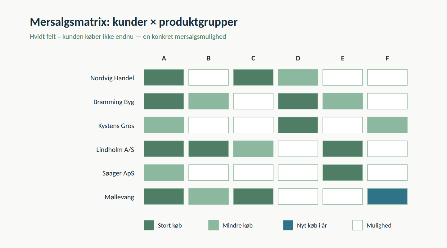 Mersalgsmatrix over kunder og produktgrupper hvor hvide felter viser konkrete mersalgsmuligheder for sælgeren