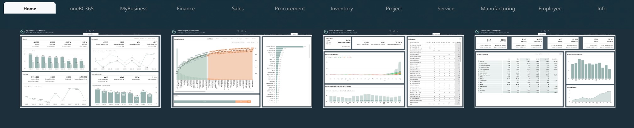 Eksempler på oneBC365-rapportsider i Power BI med menu for Finance, Sales, Procurement, Inventory, Project, Service, Manufacturing og Employee