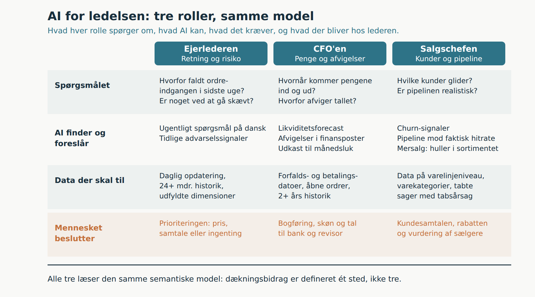 AI for ledelsen: rollematrix for ejerleder, CFO og salgschef med spørgsmål, data og menneskelige beslutninger