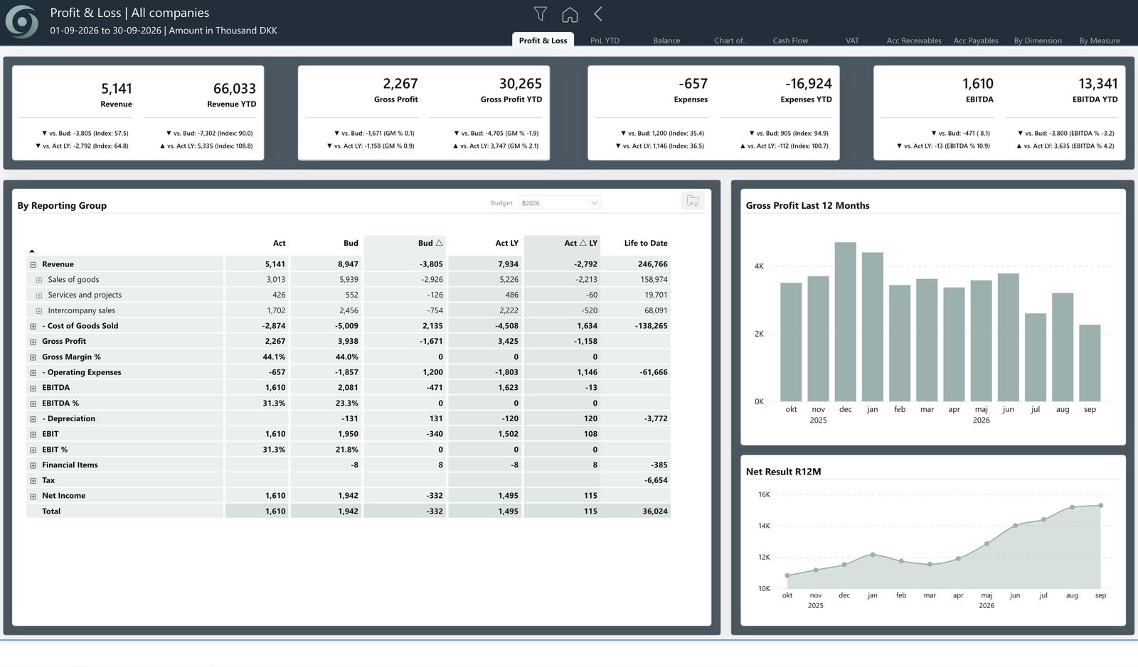 oneBC365-rapportside i Power BI: Profit & Loss-rapporten