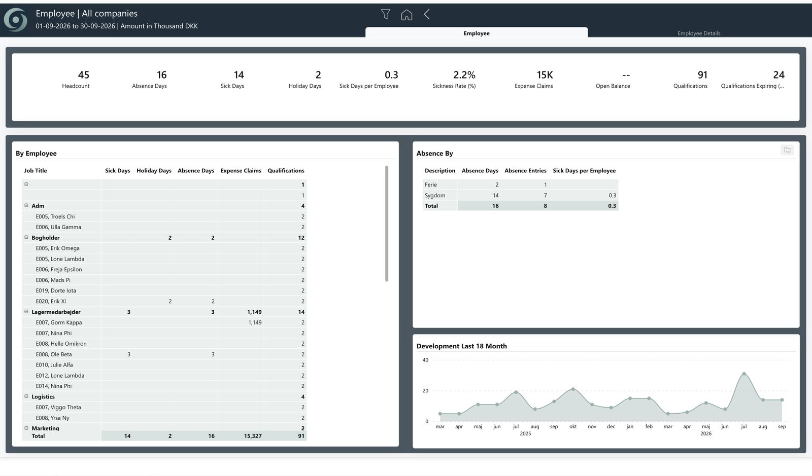 oneBC365-rapportside i Power BI: medarbejderoverblikket